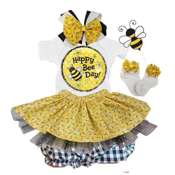 Baby Bumble Bee birthday outfits, girls bee dress, happy bee day, first birthday, personalized outfit, 1st, 2nd birthday, baby girl bodysuit