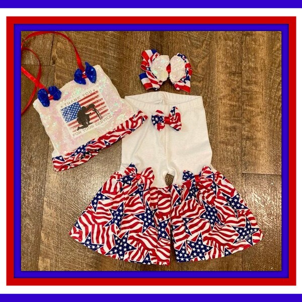 Veterans Day Pageant wear, Red, White and Blue Pageant wear, Military outfit, Veteran's Day Outfit, Baby Girls Bell bottoms, Custom Pageant