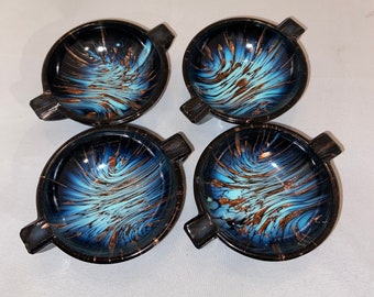 4 MCM Venetian Murano WEIL Glass Ashtray Set Copper Aventurine Italy Sushi Bowl