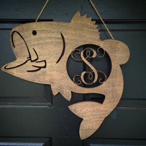 Bass Monogram / Fish Monogram / Wood Door Hanger / Wood Monogram / Summer Monogram / Spring Monogram / Lake Decor / River Decor