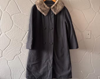 Vintage 1940s Wool Coat with Genuine Fur Collar | Union Made Mid-Century Winter Coat | No Size Tag