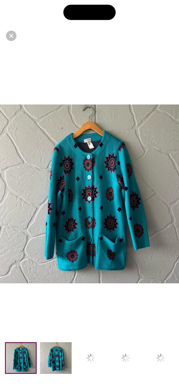 Vintage RODIER Cardigan: Bold Turquoise Medallion Knit, Made in France