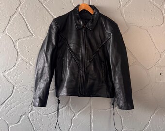 Vintage Hudson Leather Black Biker Jacket Genuine Leather Moto Jacket Braided Detail Lace Up Sides Size Medium