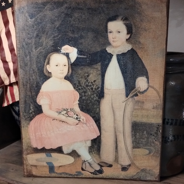 Handmade Antique Reproduction Children Playing  Canvas Board, Country, Americana, Wall, Table, or Shelf