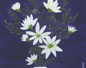 The White Jug floral Naive Folk Art Acrylic Painting on a deep amethyst background