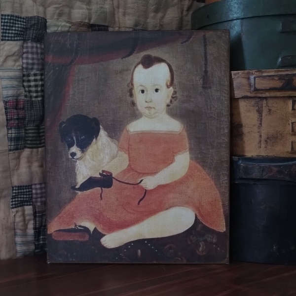 Handmade Antique Reproduction Child in Red Dress with Dog Canvas Board, Country, Americana, Wall, Table, or Shelf