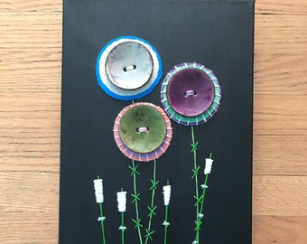 Large Ceramic Button Wildflower Garden: Hand Embroidered on Canvas; Art and Collectables,  Housewarming Gift, Children's room, Entryway,
