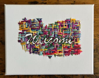 Handbroderad välkomstskylt; Väggdekor, Broderikonst, Välkomstskylt, Glad konst, Boho-konst, Inflyttningspresent, Vänpresent, Välkommen hem