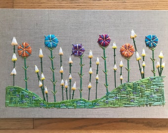 Large Hand Embroidered Wildflower Garden- Housewarming Gift, Kid's Room, Family Gift, Art and Collectables, Linen Art, Embroidery Art