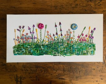 Large Embroidered Wildflower Garden- Home and Collectables, Baby Nursery, Gardener Gift, Fiber Art, Embroidery Decor, Family Gift