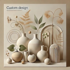 Puede incluir: Un bodegón con una variedad de jarrones y esculturas de cerámica en tonos neutres. Los jarrones están llenos de flores secas y ramas, y las esculturas están dispuestas en un patrón geométrico. El fondo es de color beige claro.