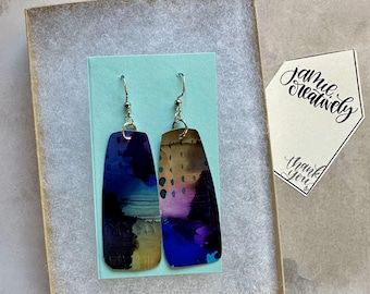 Recycled AF Series: SO PRETTY Long Playing Card Hand-Painted Abstract Earrings One of a Kind