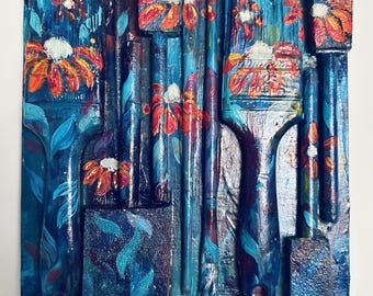 hand-painted collection of recycled brushes abstract florals art piece