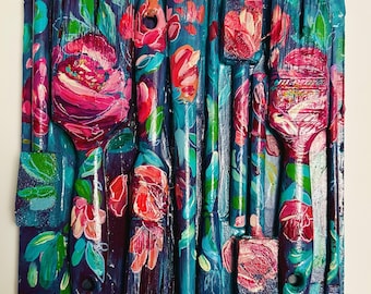 hand-painted collection of recycled brushes abstract florals art piece