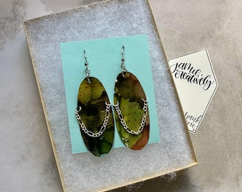 Hand-Painted Playing Card Earrings: Abstract Chain Dangle, One-of-a-Kind