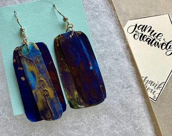 Hand-Painted Playing Card Earrings: Blue & Gold Abstract Art