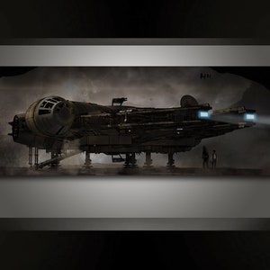 May include: A weathered, brown and tan spaceship with a large, round cockpit and two blue lights on the front. The spaceship is sitting on a landing gear and is surrounded by a hazy, brown atmosphere. The text "HH" is written in the upper right corner of the image.