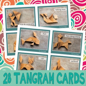 May include: Set of 28 tangram cards featuring different shapes made from wooden pieces. Each card has a picture of a different object, such as a fish, a cat, a sailboat, and a man riding a horse. The cards are labelled with the name of the object.