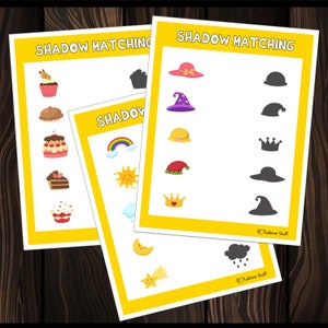 May include: A printable shadow matching activity for kids.  The worksheet features colorful images of a cupcake, cake, a rainbow, a sun, a hat, a witch's hat, a crown, a elf hat, a cloud, a moon, and a shooting star.  The matching shadows are in black and white.