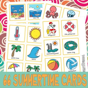 May include: A set of 66 colourful cards featuring summer-themed illustrations and words. The cards include images of a palm tree, a wave, a swimming pool, a lifeguard, a life preserver, a sun, a beach ball, a volleyball, a swim ring, a jellyfish, an octopus, a thermometer, and an umbrella.