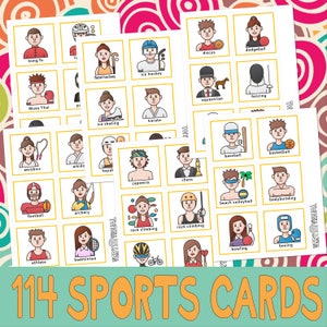 May include: A set of 114 colourful illustrated cards featuring different sports. Each card has a cartoon-style illustration of a person participating in a sport, with the name of the sport written below the image.