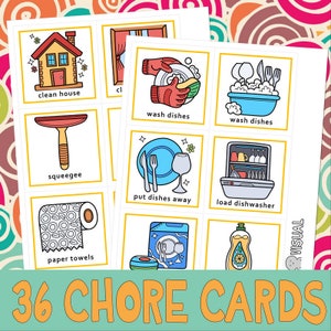 May include: A set of 36 colourful chore cards with illustrations of household tasks, such as cleaning the house, washing dishes, and loading the dishwasher. The cards are designed to help children learn about chores and responsibilities.