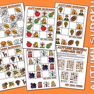 Peut inclure: Un ensemble de neuf puzzles Sudoku imprimables sur le thème de l'automne avec des clés de réponse. Les puzzles présentent des images de feuilles d'automne, de glands, d'écureuils, de dindes, de cerfs, d'épouvantails, de pommes, de tasses de thé, de tentes, de ballons de football et de tournesols.