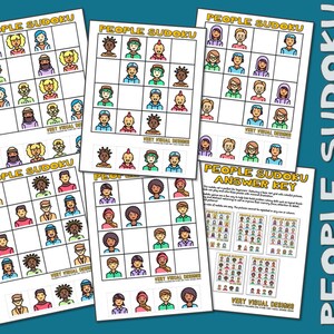 May include: Four printable Sudoku puzzles featuring cartoon people with different hairstyles, clothing, and accessories. The puzzles are labelled "People Sudoku" and include an answer key.