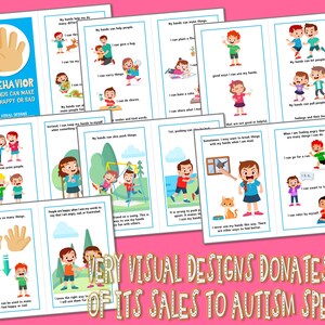 Puede incluir: Un conjunto de tarjetas imprimibles coloridas para niños con ilustraciones de manos y el texto "Mi comportamiento: Cómo las manos pueden hacer que la gente sea feliz o triste". Las tarjetas están diseñadas para ayudar a los niños a comprender cómo sus acciones afectan a los demás.
