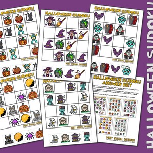 May include: Four printable Halloween Sudoku puzzles featuring a variety of spooky characters and objects, including witches, ghosts, pumpkins, and bats. The puzzles are designed for children and adults and include an answer key.