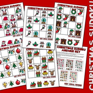 May include: A set of four printable Christmas Sudoku puzzles with a separate answer key. Each puzzle features a 9x9 grid with various Christmas-themed images, such as baubles, reindeer, snowmen, and candy canes. The answer key shows the completed puzzles.