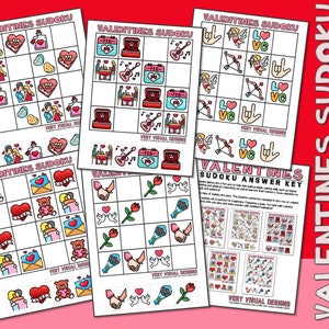 May include: A set of printable Valentine's Day Sudoku puzzles with a Valentine's Day theme. The puzzles feature various Valentine's Day icons such as hearts, love letters, and teddy bears. The puzzles are labeled "Valentine's Sudoku" and "Very Visual Designs".