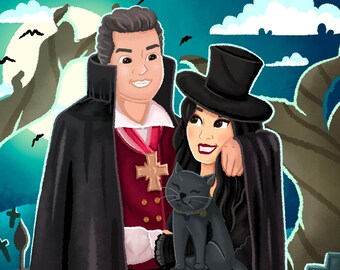 Puede incluir: Una pareja vestida con trajes de vampiro se encuentra en un cementerio. El hombre lleva una capa negra y una camisa roja con una cruz. La mujer lleva un vestido negro y un sombrero de copa. Están sosteniendo un gato negro.