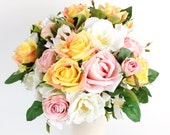 Wedding Silk Flower Rustic Bouquet, Bridal bouquet, Wedding keepsake bouquet, White Blush Pink Yellow Roses Wild Roses Bouquet