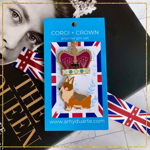 Royal Corgi and Crown Enamel Pin Set