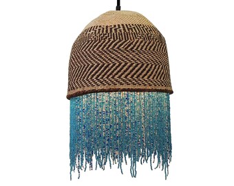 African Beaded Basket Pendant Lampshade - Brown and Silver Beads, Natural Hanging Light, Basket Pendant Light