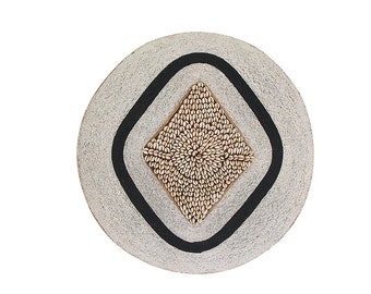Beaded Shield - Black with White Rings and Cowrie Center | Cameroon Tribal Shield Decor