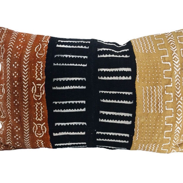 Mudcloth Pillow - Brown, Black and Mustard - 60x40cm, 24" x 16" , African Mud Cloth, Lumbar Cushion, African Fabric, Printed Cushion Cover