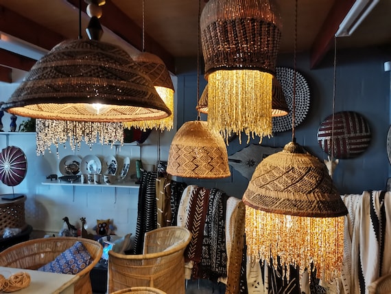 African Beaded Basket Pendant Lampshade Brown White and Silver
