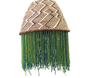African Beaded Basket Pendant Lampshade Green, Gold and Blue Beads , Natural Hanging Light, Basket Pendant Light