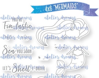 AD-045 MERMAIDS - Planner Stamps (Photopolymer Clear Stamps) Hobonichi Stamp, Filofax Stamp