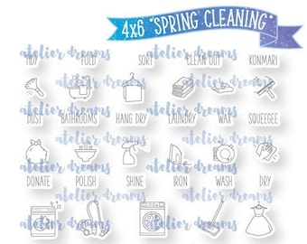 May include: A set of 24 white stickers with black outlines and text. The stickers feature various cleaning tasks and icons, such as "Konmari", "Hang Dry", "Vacuum", "Sweep", and "Rejuvenate". The stickers are arranged in a grid pattern and are labeled "Atelier Dreams".