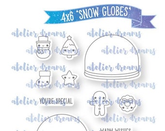 ADG-036 SNOW GLOBES - 3x4 - Planner Stamps (Photopolymer Clear Stamps) bujo, christmas, holiday, winter, feliz navidad, snowman, wreath