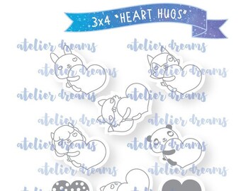 ADG-013 HEART HUGS - 3x4 - Planner Stamps (Photopolymer Clear Stamps) cute animals and heart stamps