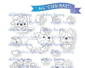 AD-070 CORGI MAIL - Planner Stamps (Photopolymer Clear Stamps) corgi, happy mail, mailbox, postman