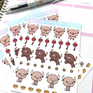 ADS-012 Chinese Zodiac OX Matte Planner Stickers - planner, journal, bullet journal, year of the ox, cow, lucky, new year, Yuan Bao