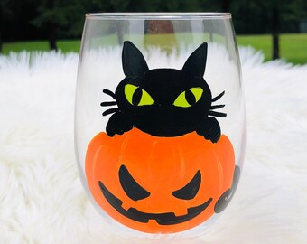 Halloween Black Cat in a Pumpkin hand-painted wine glass/Halloween wine glasses/Black cat wine glasses/Pumpkin wine glass/Halloween glasses