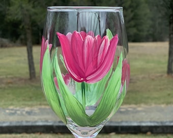 Tulip Wine Glass, Flower Wine Glass, Floral Wine Glass, Spring Wine Glass, Gifts For Her, Hand Painted Floral Wine Glass, Tulip Wine Glasses