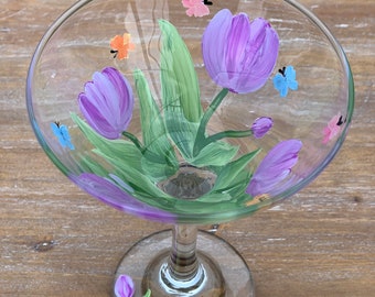 Tulip Butterfly Martini Glass, Flower Martini Glass, Floral Martini Cocktail Glass, Handpainted Floral Martini Glass, Colorful Martini Glass