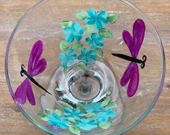 Dragonfly Martini Glass, Hydrangea Martini Glass, Flower Martini Glass, hand painted Floral Martini Glass, Spring Martini Cocktail Glass,